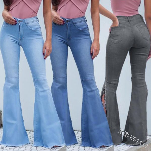 

women's jeans 2021 fashion solid color tight street ladies denim pants split flared plus size women high waist mujer s-3xl, Blue