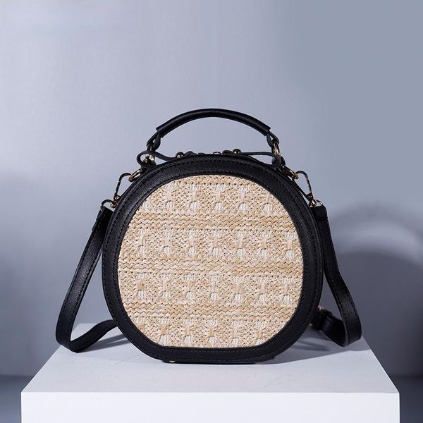 

evening bags pu splicing round messenger bag for women's girl lady pp straw shoulder ins crossbody shopping purses satchels lipstick