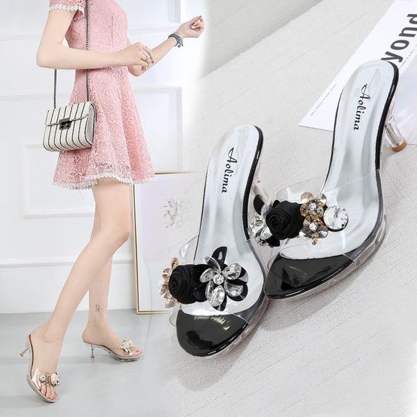 

slippers 2021 summer women crystal flowers 6.5cm high heels mules slides lady transparent flip flop jelly sandals shoes, Black