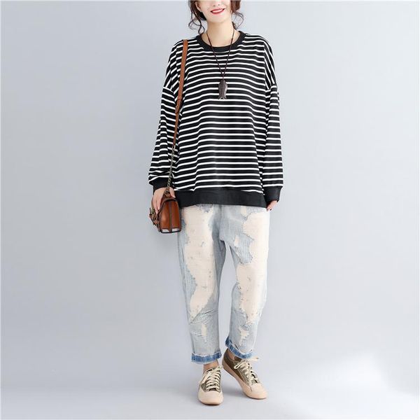 

women's hoodies & sweatshirts o-neck striped women loose lantern sleeved thicken warm fleece lady female pulls outwear coat, Black