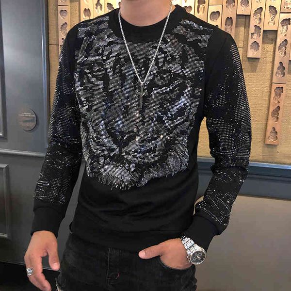 

men's hoodies & sweatshirts autumn winter new fashion brand tee shirt homme personalized trend drilling tiger head heavy indus, Black