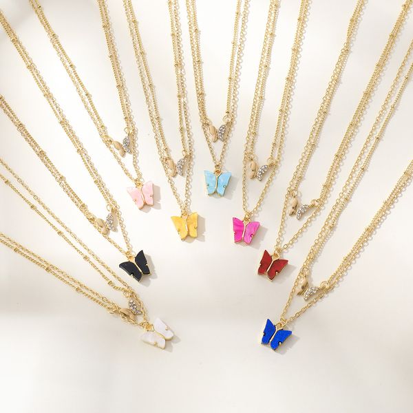 

bohemian double-deck multicolor acrylic butterfly necklaces for women fashion geometric crystal chokers necklace jewelry gifts, Silver