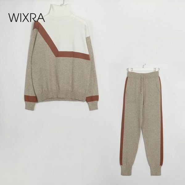 

women's two piece pants wixra women knit tracksuit pacthwork turtleneck sweater + drawstring striped pencil trousers autumn winter fema, White