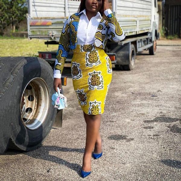 

work dresses women blazer and skirt set suit office wear yellow print long sleeve high waist elegant business matching sets, White;black