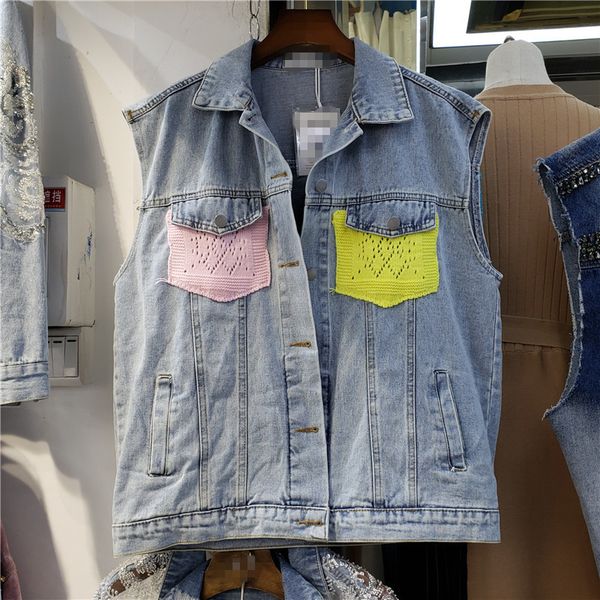 

spring autumn women casual lapel loose sleeveless big size denim vintage knitting patchwork vest coat 16f0728 210510, Black;white