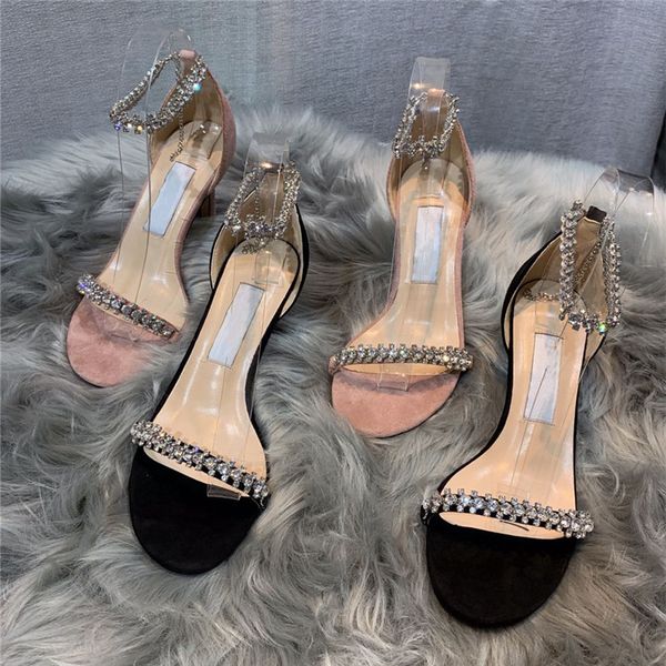Sandálias de salto alto de desenhista de luxo para mulheres senhora sapatos uma palavra com fivela de borracha solteiros 7cm / 9cm tamanho 35-40