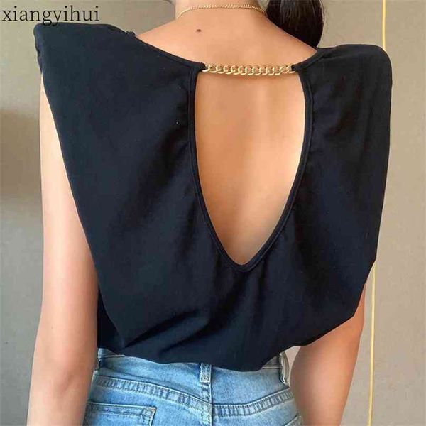 

black casual shoulder padded backless metal chain t-shirt loose female ladies tshirts summer fashion round neck sleeveless 210720, White