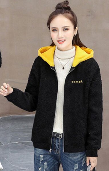 

women's hoodies & sweatshirts women imitation lamb wool fall winter hooded short sweater for thickened, Black