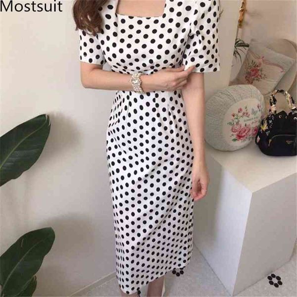 

korean square collar dot printed long dress women short sleeve high waist straight dresses elegant fashion ladies vestidos 210518, Black;gray