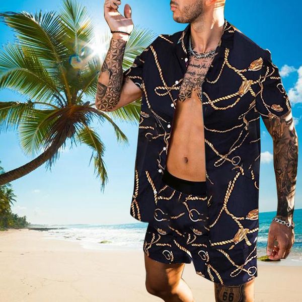 

men hawaiian vacation printed sets 2021 summer lapel short sleeve button shirt beach shorts streetwear casual mens suit 2 pieces men's, Gray