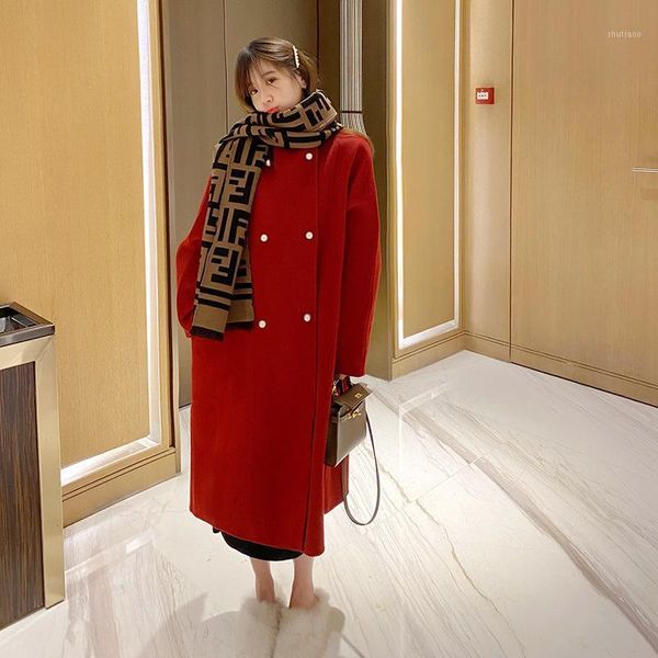 

australian wool fuguihua mid long loose woolen coat women's autumn and winter & blends, Black