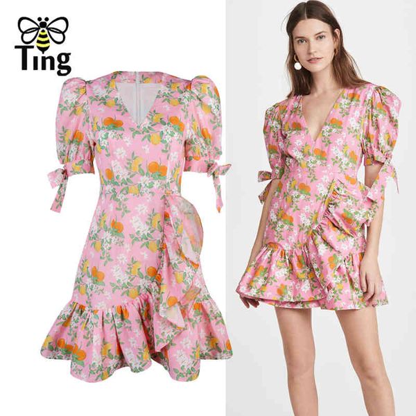 

designer summer fashion ruffles pull sleeve mini short dress women casual paris street chic pink floral elbise za 210513, Black;gray