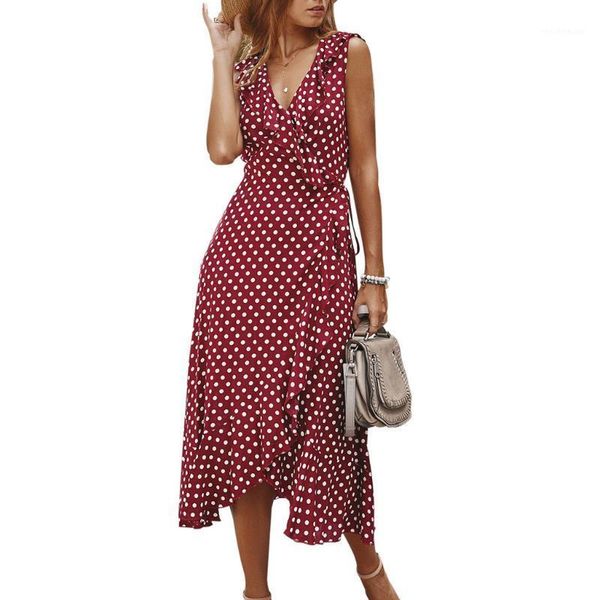 

beach dress women sleeveless polka dot print boho maxi summer ruffle split party casual dresses for women's swimwear, White;black