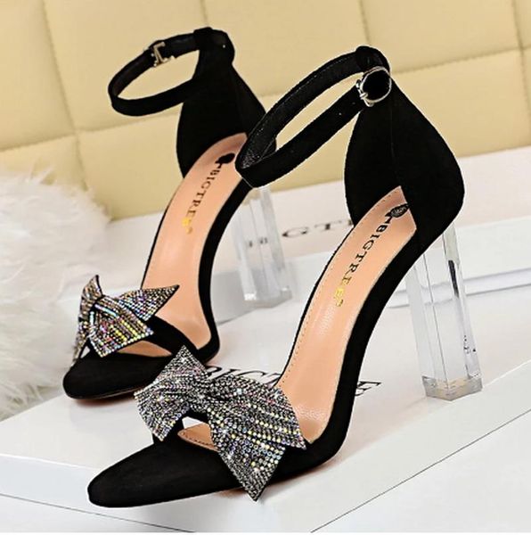

sandals bigtree shoes rhinestone bow women 2021 summer open toe sandles high heels suede block ladies plus size 43, Black