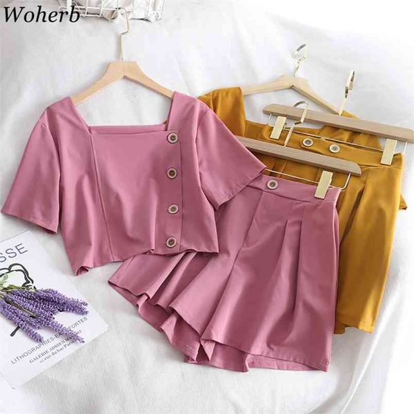 

summer 2 pieces set single breasted blouse + wide leg shorts two piece suit beach wear casual outfits 24850 210519, White