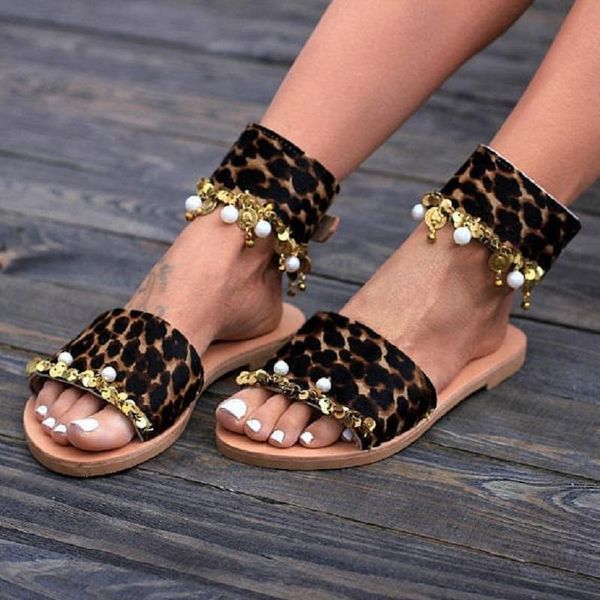 

summer leopard sandals women handmade beading boho flats open toe gladiator beach shoes big size sandalias mujer, Black