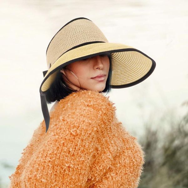 

outdoor hats panama women bowknot straw hat empty 2021 fashion women's summer sun protection sports fishing beach, Black;white