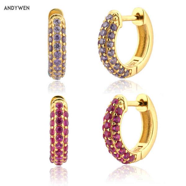 

andywen 925 sterling silver rose red purple zircon circle hoops round women luxury crystal cz loops piercing ohrringe jewelry 220108, Golden;silver
