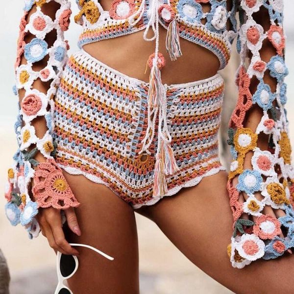

summer shorts beachwear knitted woman fashion casual hand-woven striped color swim swimwear two-piece suits