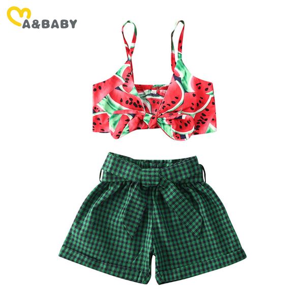 

6m-4y summer toddlder infant baby kid girl clothes set watermelon print bow vest shorts clothing outfits 210515, White