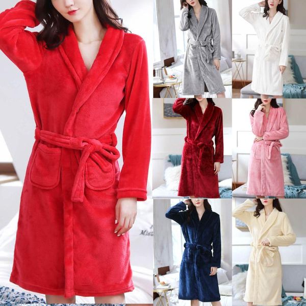 

women's sleepwear bathrobe women ladies fashion flannel solid color bandage pocket warm pajamas nightgown peignoir femme batas mujer, Black;red