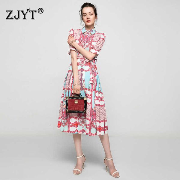 

summer fashion women runway designers short sleeve turn down collar print vintage dress casual aline vestidos 210601, Black;gray