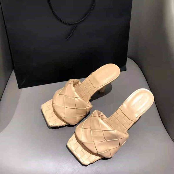 

slippers new woven fine plaid square toe stiletto heel fashion sandals azah, Black