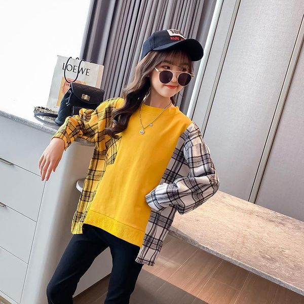 

t-shirt for girls autumn hoodies sweatshirt plaid children casual style teen clothing 6 8 10 12 14 year t-shirts, Blue