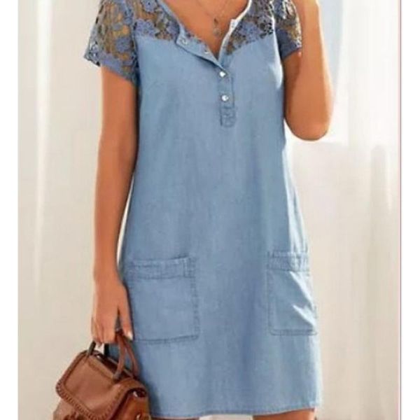 

casual dresses robe en denim Ã manches courtes dentelle pour femmes, avec boutons patchwork, poche, longueur aux genoux, Black;gray