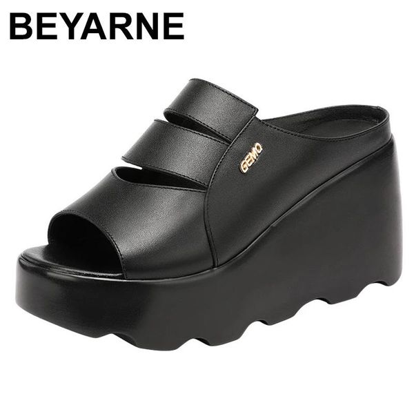 

big size fashion2021women slippers high heels cutout split leather shoes female platform wedge soft bottom shoe, Black