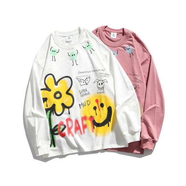 

graffiti printed t-shirt hip hop casual couple long sleeve men's and women's fashion, White