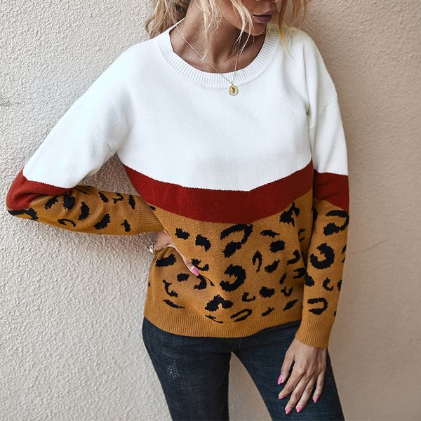 

autumn winter sweater women casual leopard print patchwork o neck long sleeve loose sweaters pullover lady elegant sweaters 210412, White;black