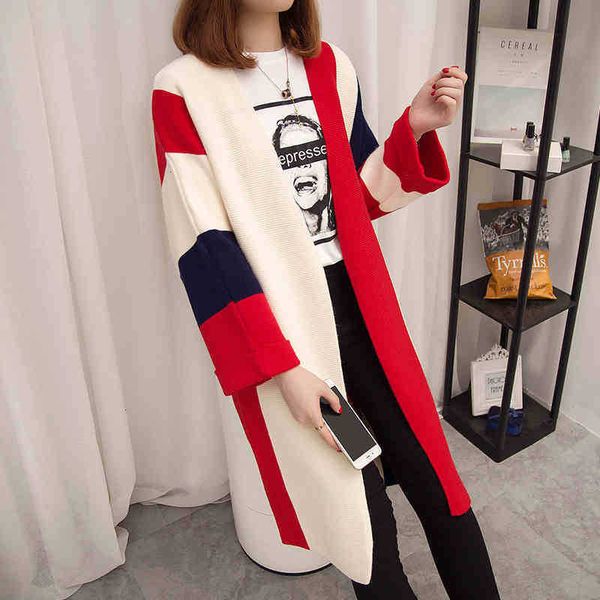 

women's knits & tees autumn women cardigan knitted sweater long sleeve casual female mid-length contrast color korean loose l lso4, White