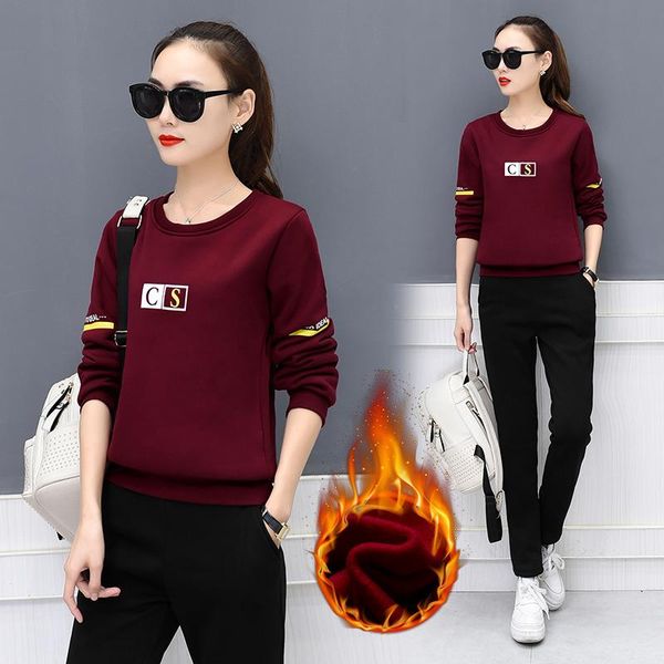 

women's two piece pants winter women sets long sleeve female round neck casual t-shirt suit large size letter embroidery thick warm 2pi, White