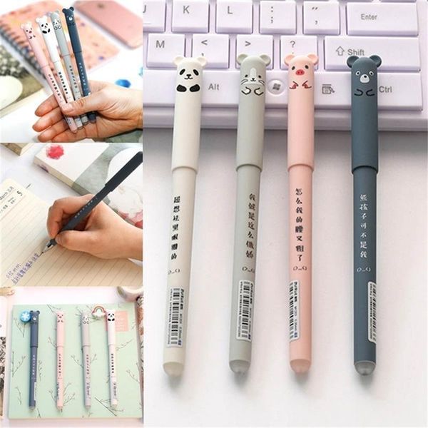 

4pcs black ink cartoon gel pen 0.35mm pig bear cat mouse erasable school office stationery supplies pattern random ballpoint pens, Blue;orange