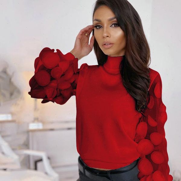 

spring loose puff women shirts long sleeve mesh red femme turtleneck casual elegant ladies pullover and womens blouses, White