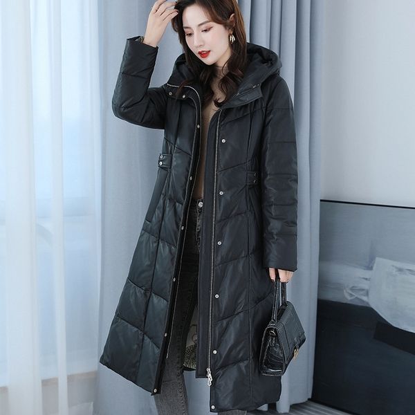 

leather coat women's hooded 2021 winter new slim leather down jacket haining sheep fur medium length, Black