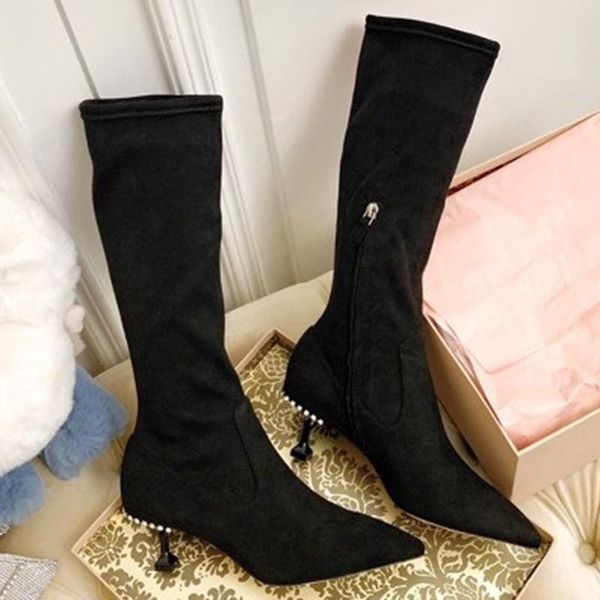 

boots elegant crystal point toe brand design thin high heels women shoes luxury fashion zip mid-calf female 6xrj, Black