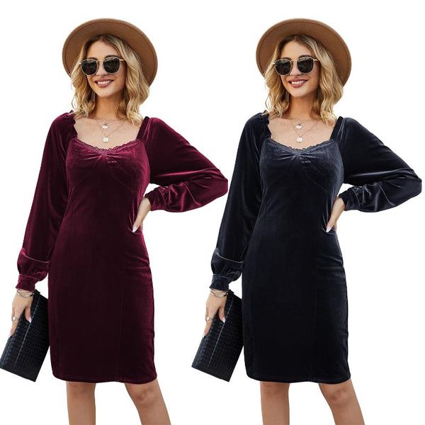 

casual dresses autumn winter women's slim dress square neck lace long sleeve velvet hip elegant office, Black;gray