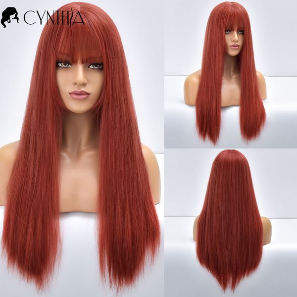 

long straight red daily synthetic wigs for black white women natural with bangs heat resistant fake hair fiber cosplay wig