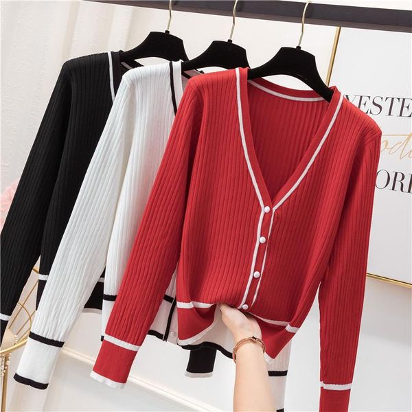 Frauen Pullover Frühling Herbst Frauen Kleidung Tops Weibliche Taste Strickjacke Schwarz Weiß Rot Mode Kurze Design