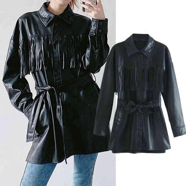 

wool female artificial tassel trench coat unique breasted collar long black jacket