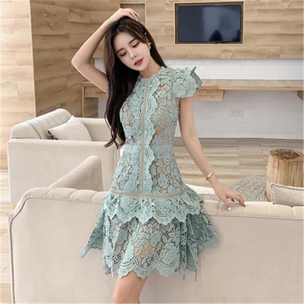

casual dresses lace irregular dress 2021 summer women's heavy industry hollow flying sleeve slim solid color, Black;gray