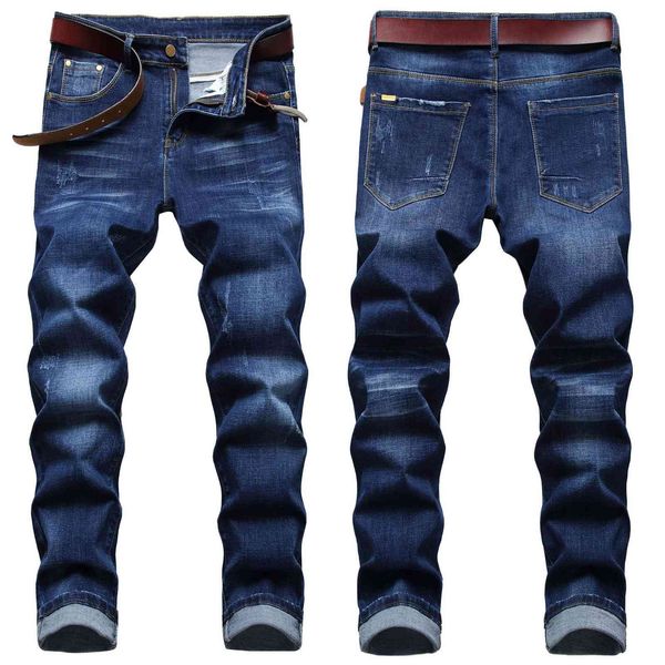 

jeans trendy men's fashion neutral color three dimensional cat whisker technology spray monkey slim elastic small straight for men, Blue
