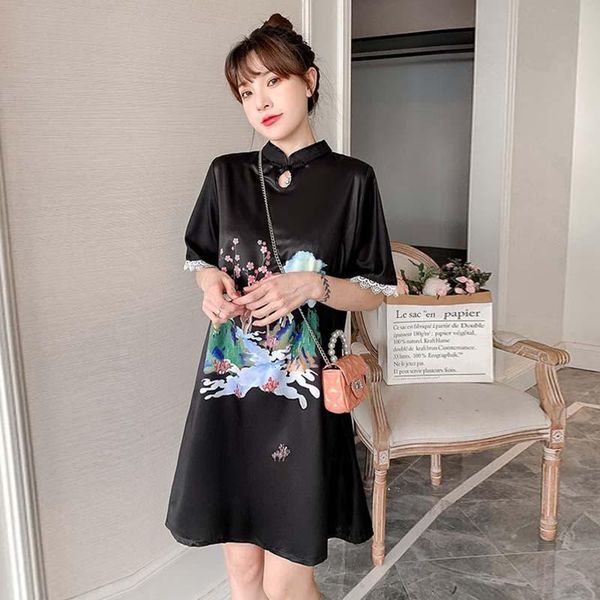 

ethnic clothing black loose cheongsam lady printing lace qipao women chinese style national trend mini evening party robe orientale dre, Red