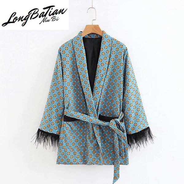 

women set spring fashion blue printed kimono jacket with feather sleeves wide leg pants two piece vintage elegant ladies suits women's, Gray
