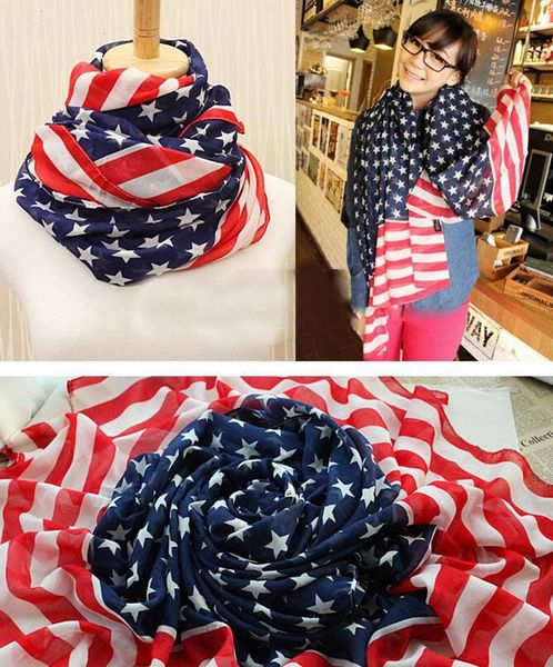 

dhl vintage usa american flag scarf 150*70cm patriotic stars and stripes us flag scarves men women pentagram chiffon wraps, Red;brown