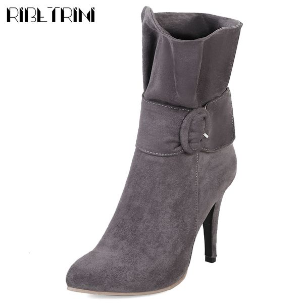 

boots plus size female autumn pointed toe buckle thin high heels ruffles shoes mid calf women office boots, Black