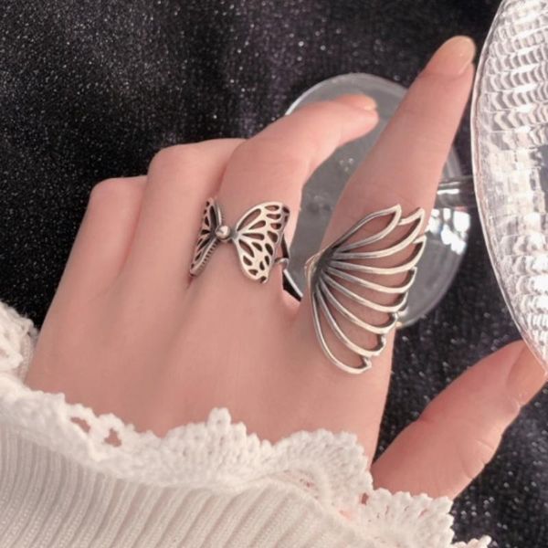 

wedding rings 2 pcs fashion big hollow butterfly open set for women men simple ring love engagement retro punk wing, Slivery;golden