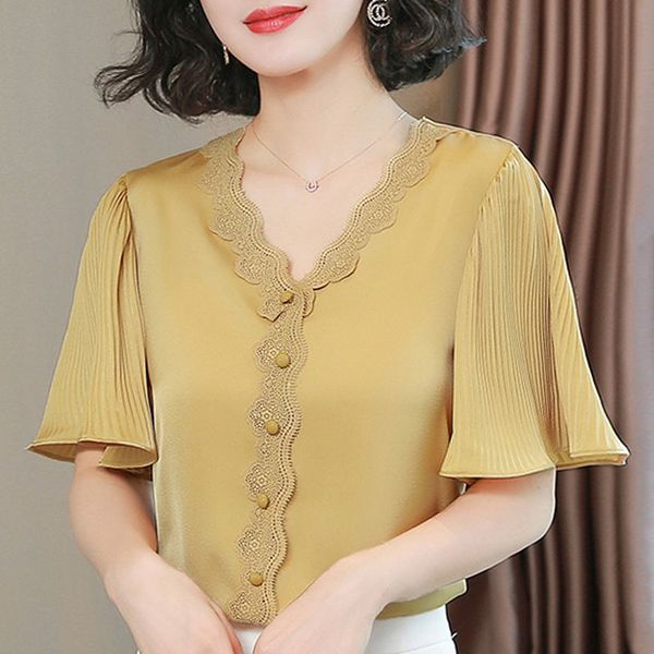 

blouse women blusas mujer de moda shirts lace v-neck chiffon blouse women short sleeve blouse shirt camisas mujer d217 210426, White